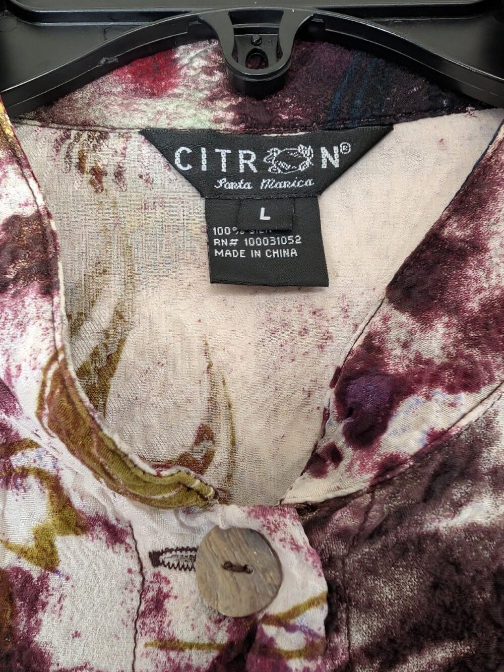CITRON Blouse L Santa Monica Silk Multicolor Abstract Watercolor Button Front - Picture 11 of 14